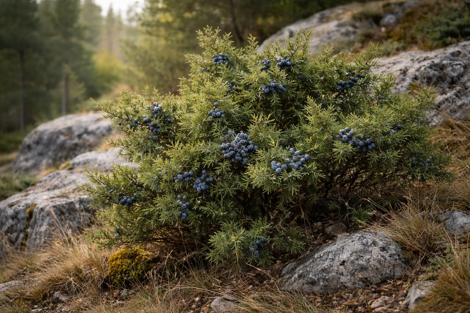 Blue-black juniper berries growing on evergreen juniper branches