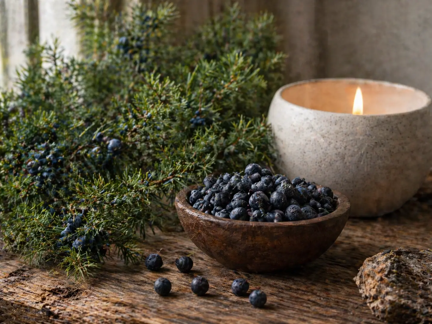 Juniper branches and blue berries in soft forest light with a calm woodland background