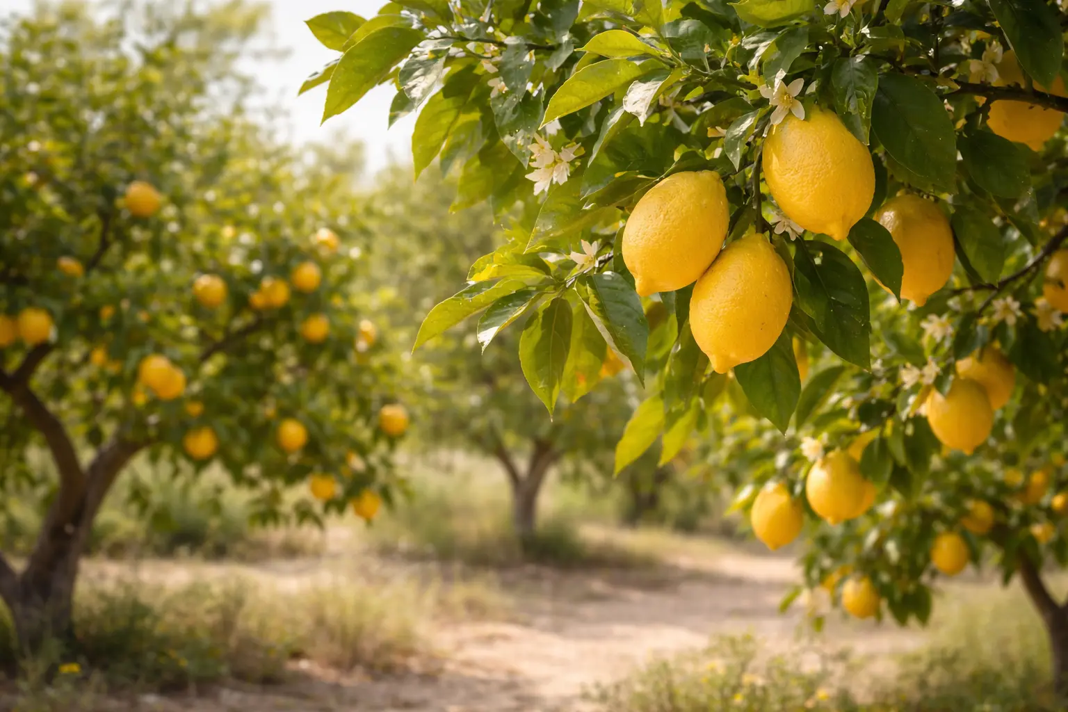 Lemon tree in a Mediterranean orchard with ripe fruit on the branches
