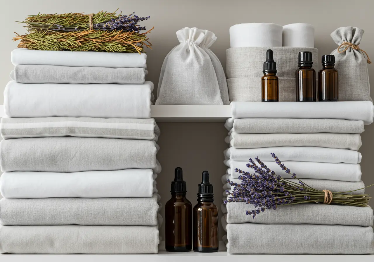 Linen closet with folded sheets, sachets, lavender, and cedar accents