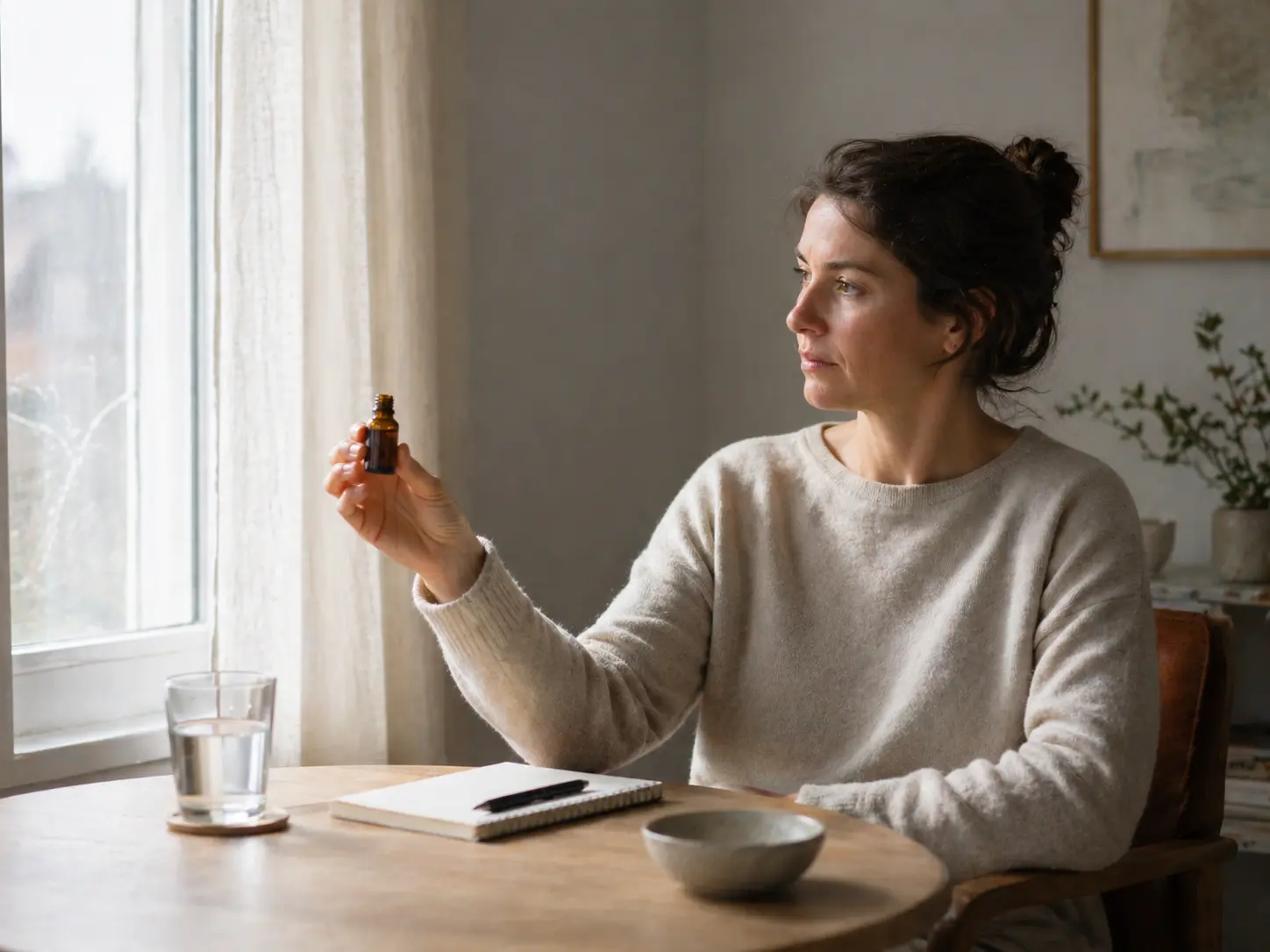 Person carefully testing scent tolerance with an essential oil bottle at a distance in soft daylight