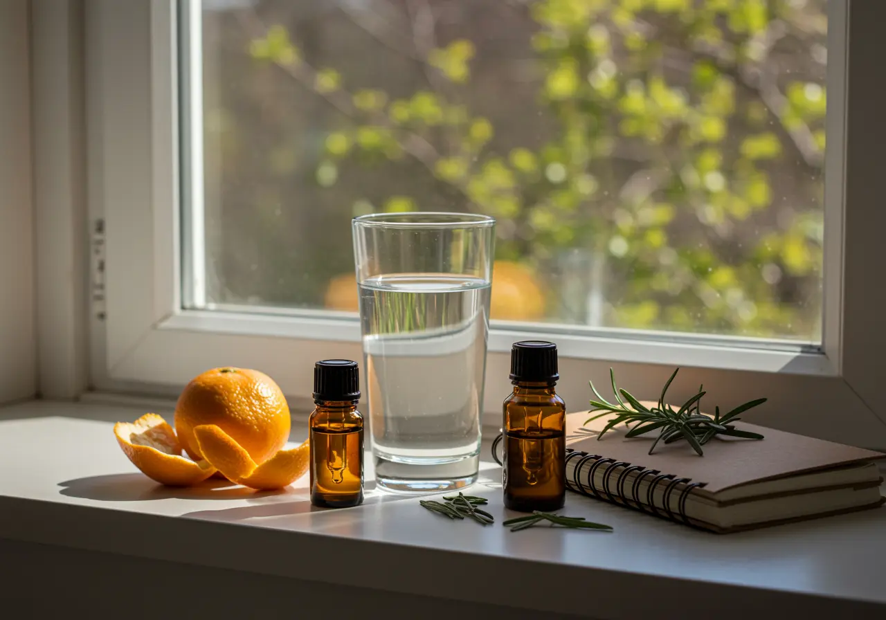 Morning reset routine with open window, water, and journal in soft daylight