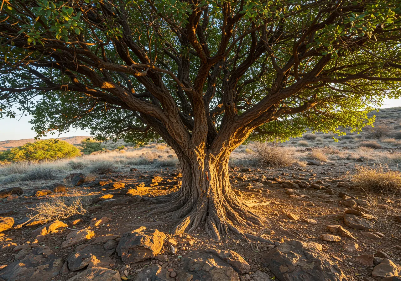 Myrrh resin tears beside a Commiphora myrrha branch in a dry desert landscape