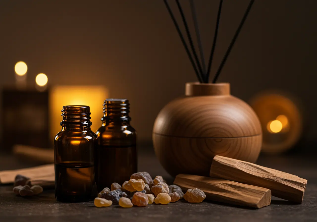 Myrrh resin with frankincense tears, cedarwood pieces, orange peel, and a ceramic diffuser