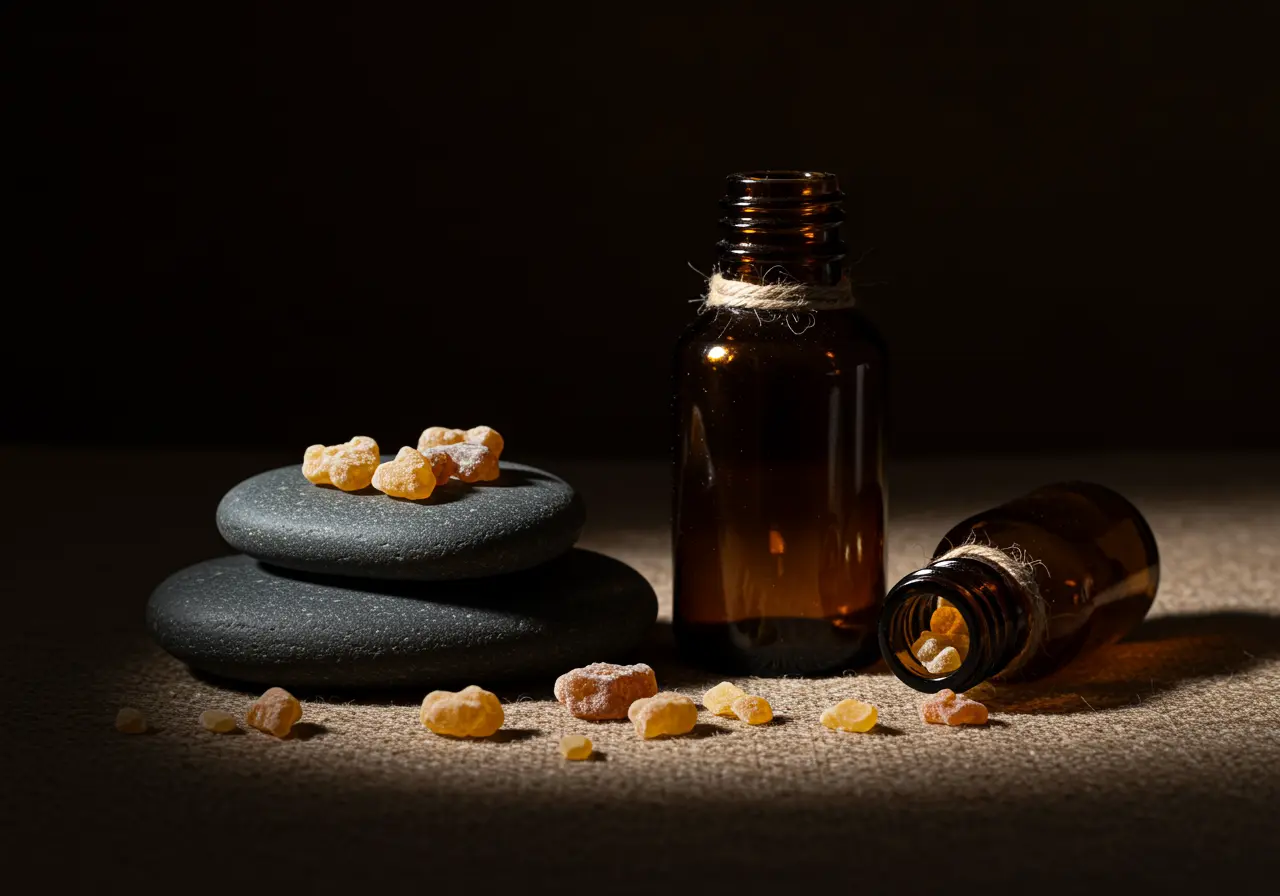 Myrrh resin tears in warm candlelight with a quiet natural background