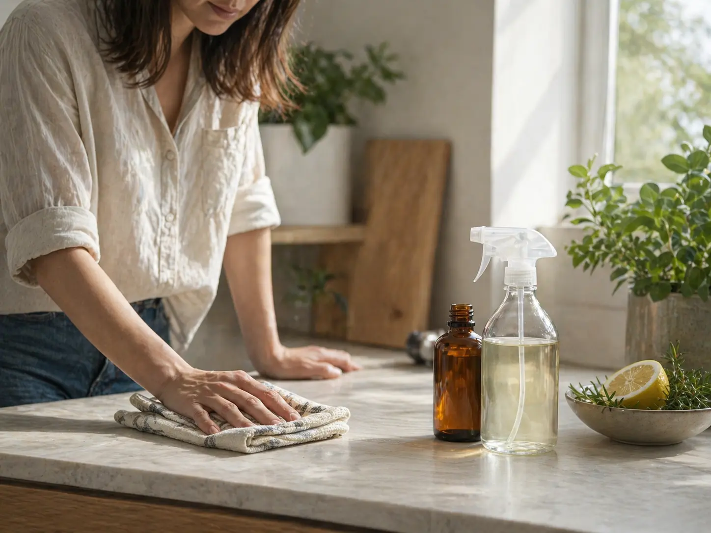 Person wiping a household surface with cloth while a simple essential oil cleaning setup sits nearby