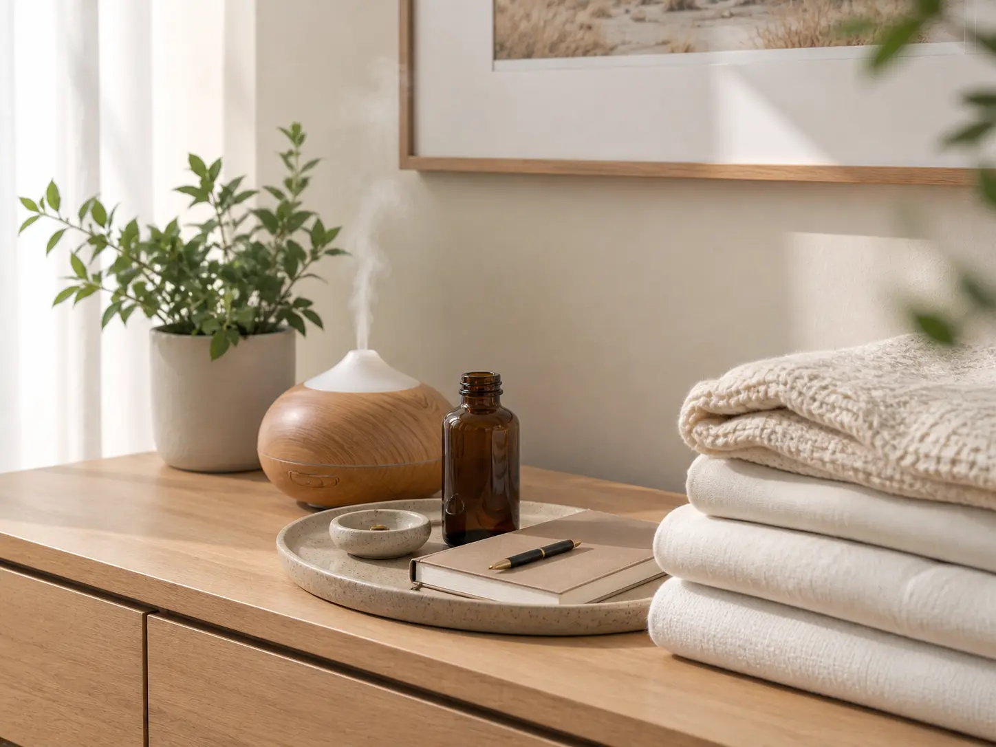 Simple, organized essential oil room routine showing calm repeatability instead of scattered habits