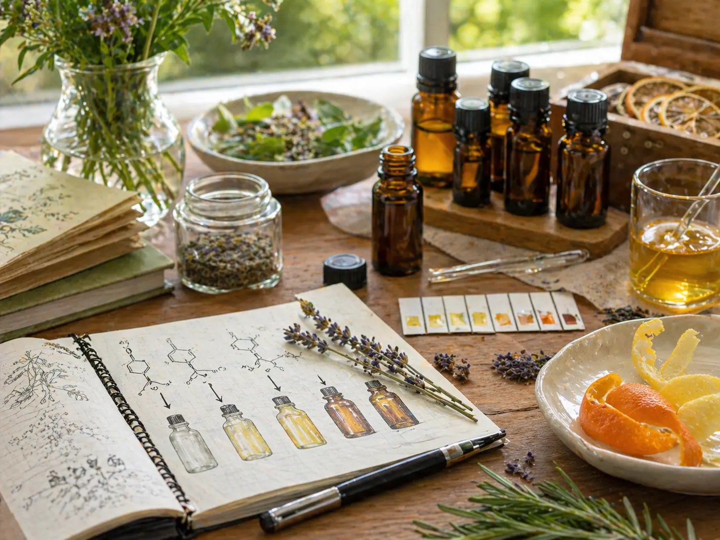 Study desk with notes, botanical samples, and essential oils in a science-meets-home setting