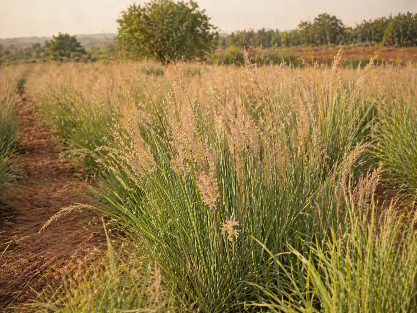 Palmarosa grass with slender green leaves and flowering tops in warm natural light