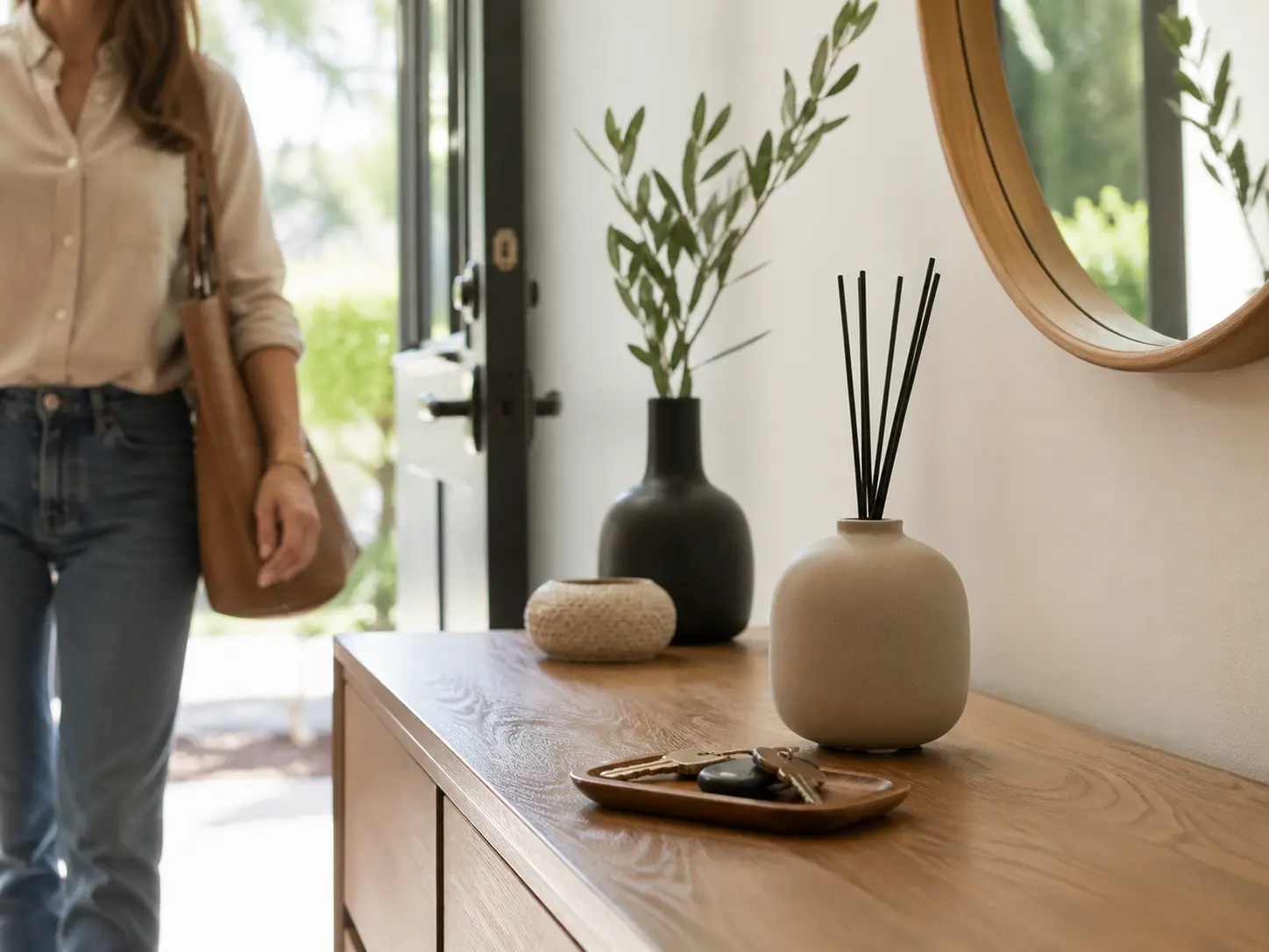 Small entryway with subtle passive diffuser styling near keys and bench