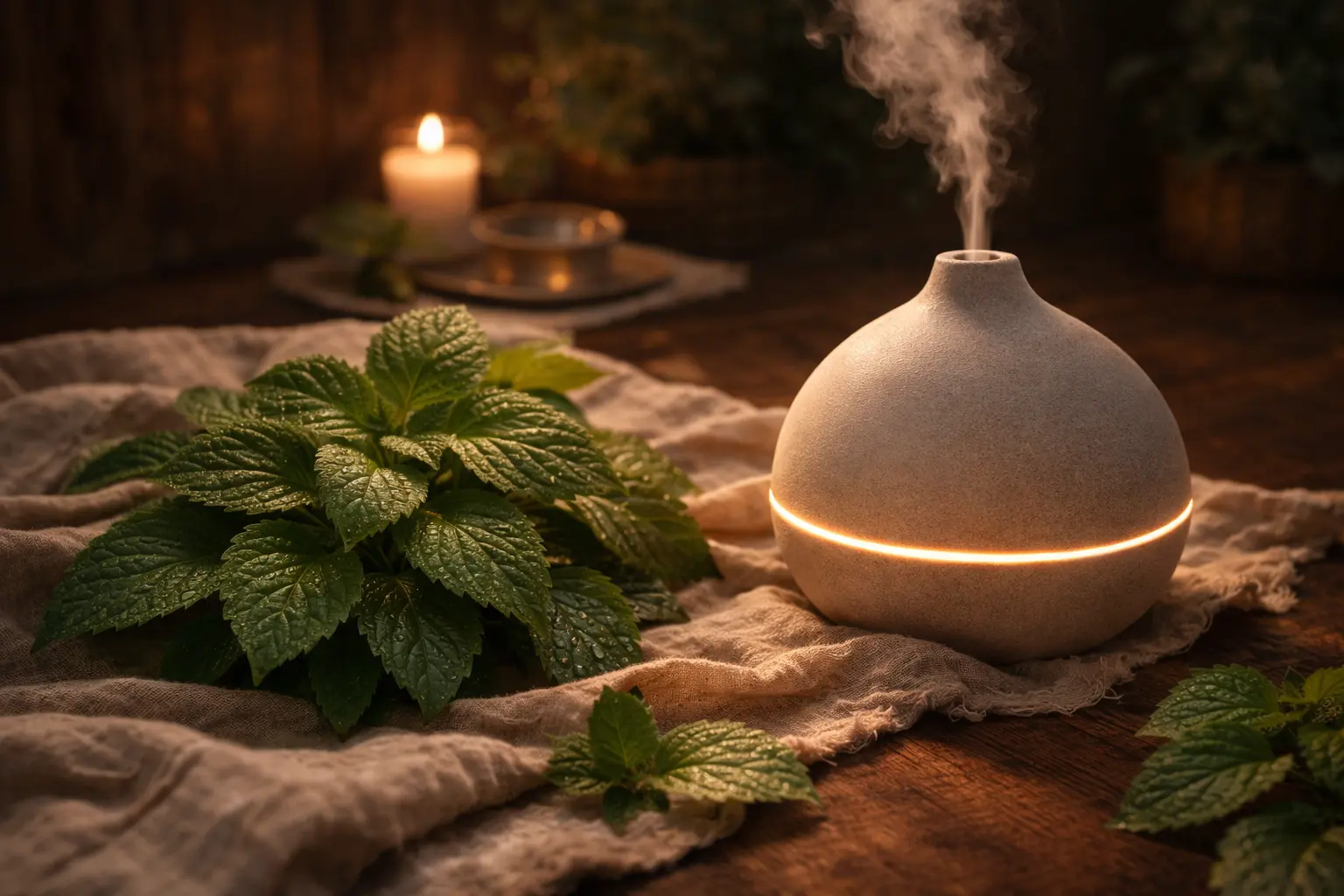 Patchouli inspired diffuser setup with fresh Pogostemon cablin leaves and earthy home textures