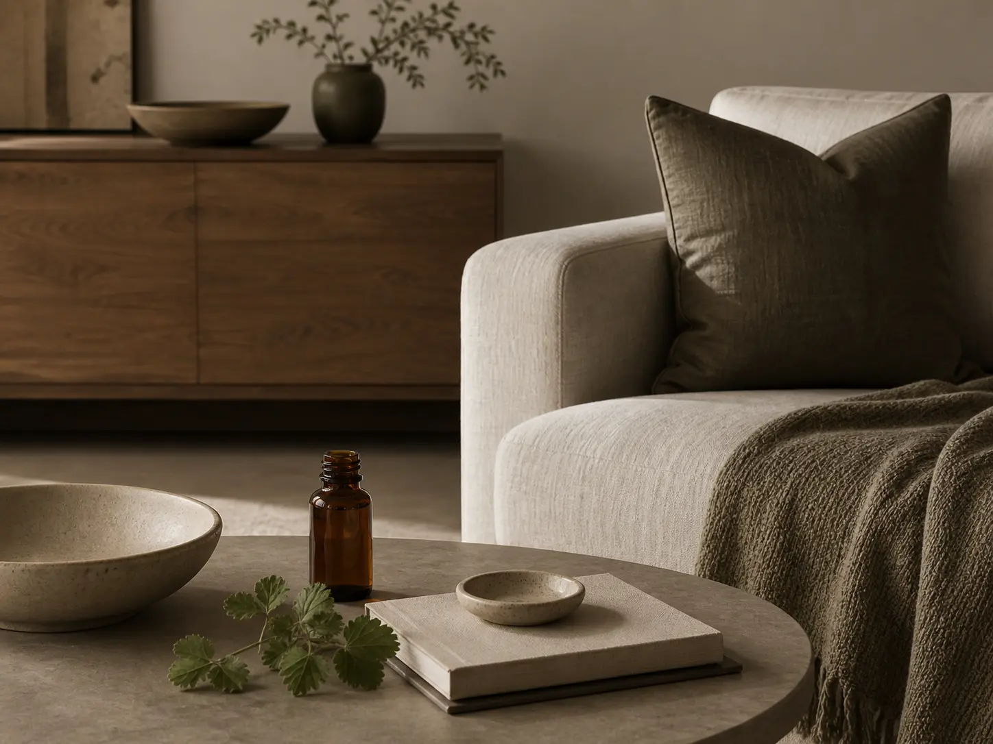 Modern earthy home scene for patchouli essential oil with refined natural textures and restrained atmosphere