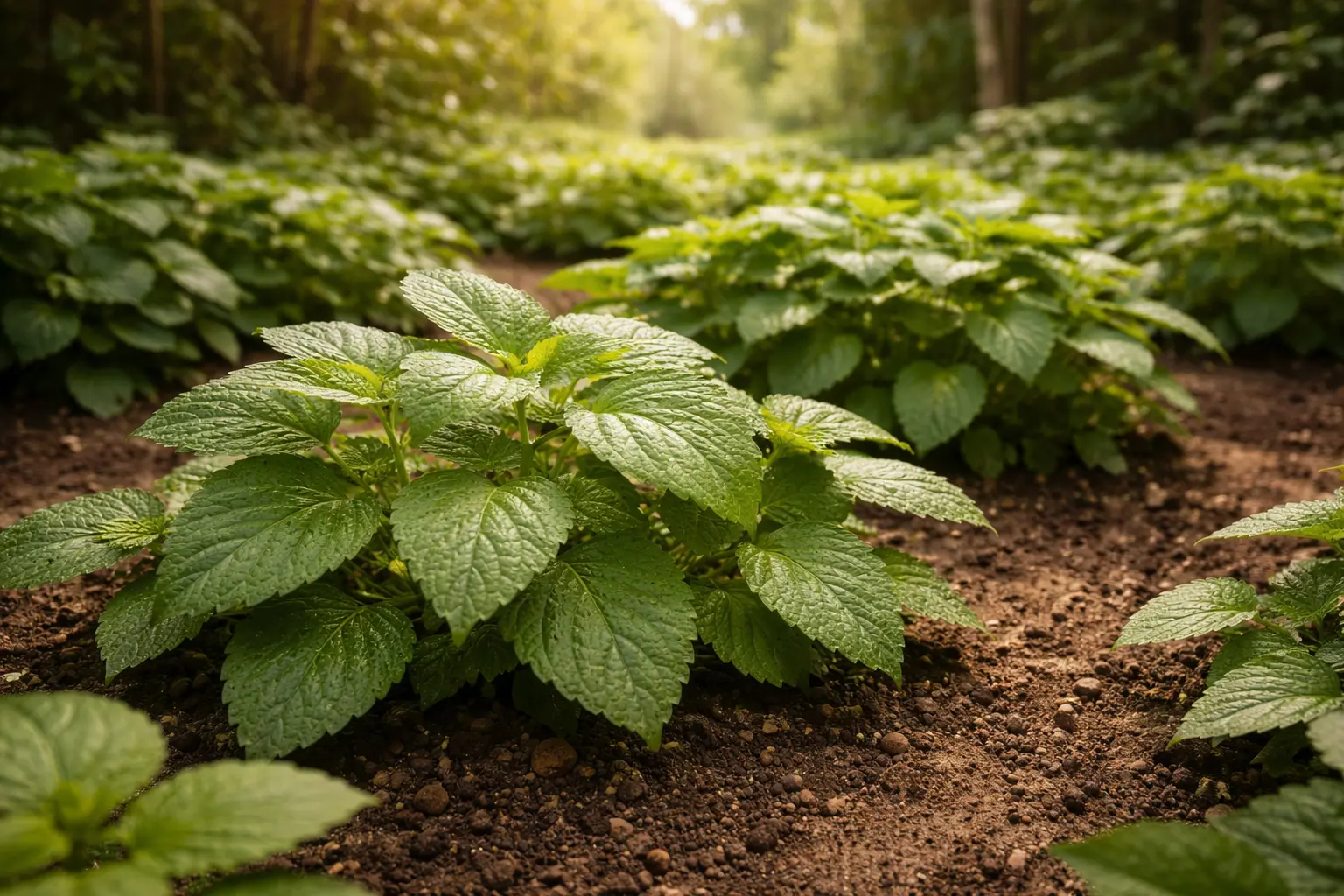 Pogostemon cablin patchouli plants growing in a humid tropical garden