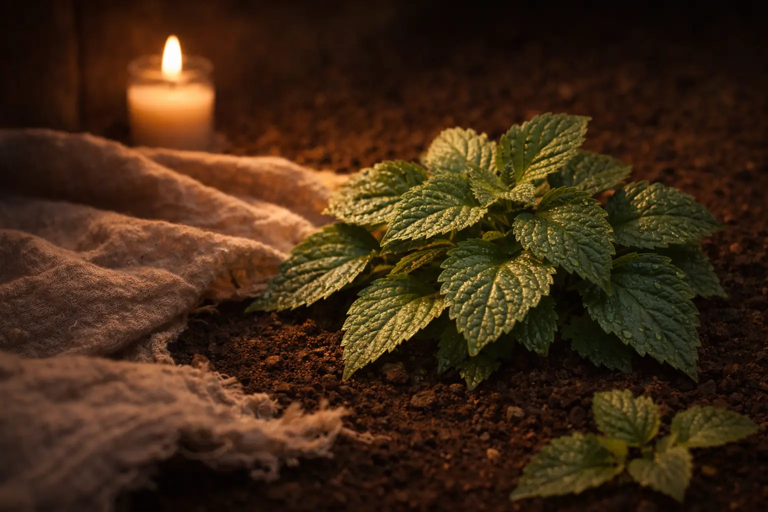 Patchouli leaves on dark soil symbolizing grounding and earth connection