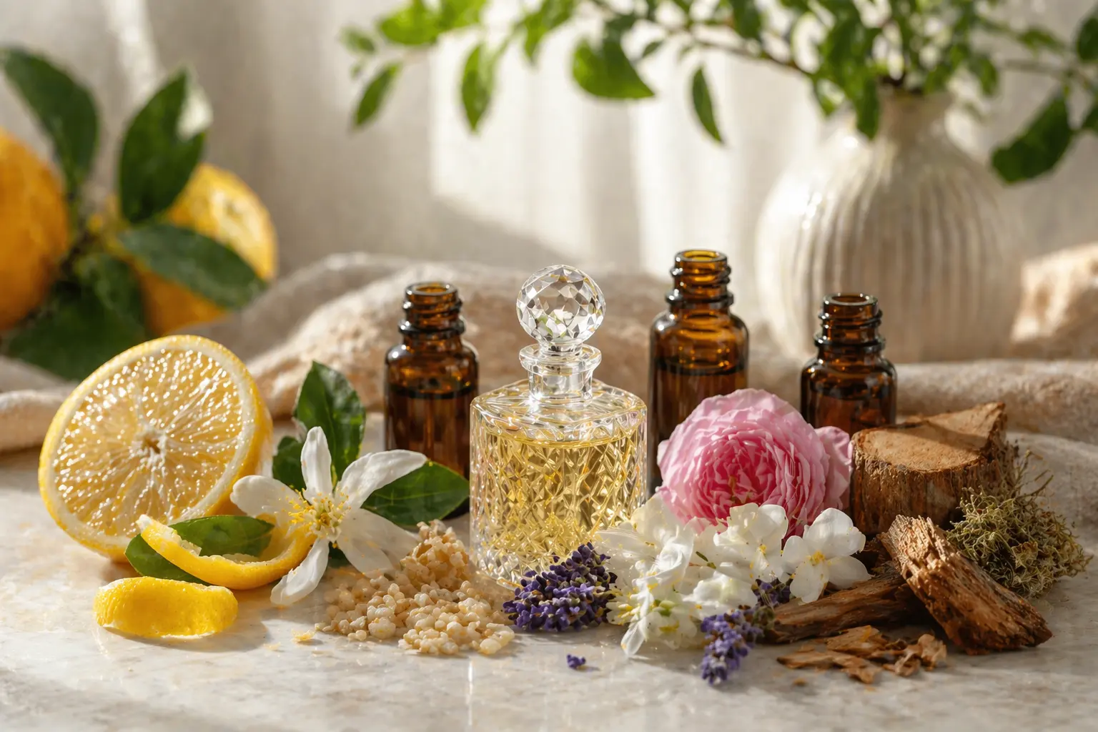 Perfume oil blending with citrus, floral, and wood notes arranged on a surface