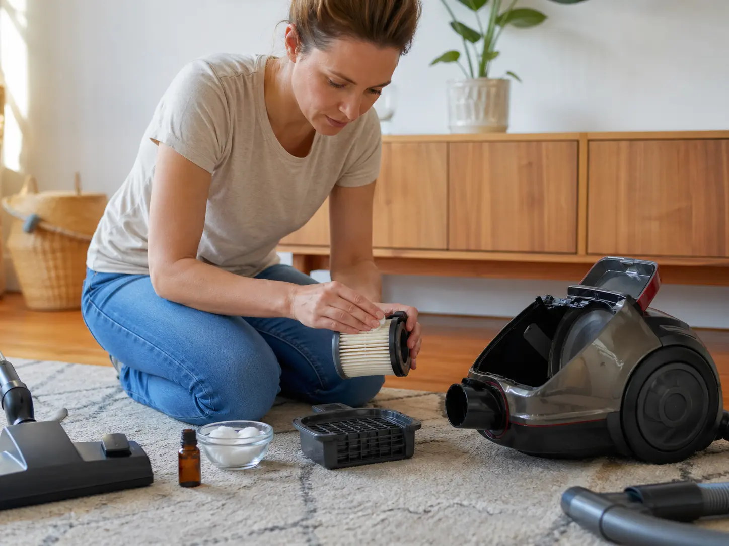 A person cleaning a vacuum filter during a home reset with an essential oil bottle nearby