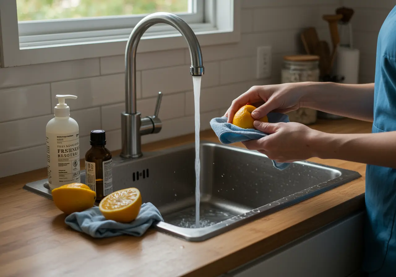 A person refreshing a kitchen sink area with citrus styling and a small essential oil bottle nearby