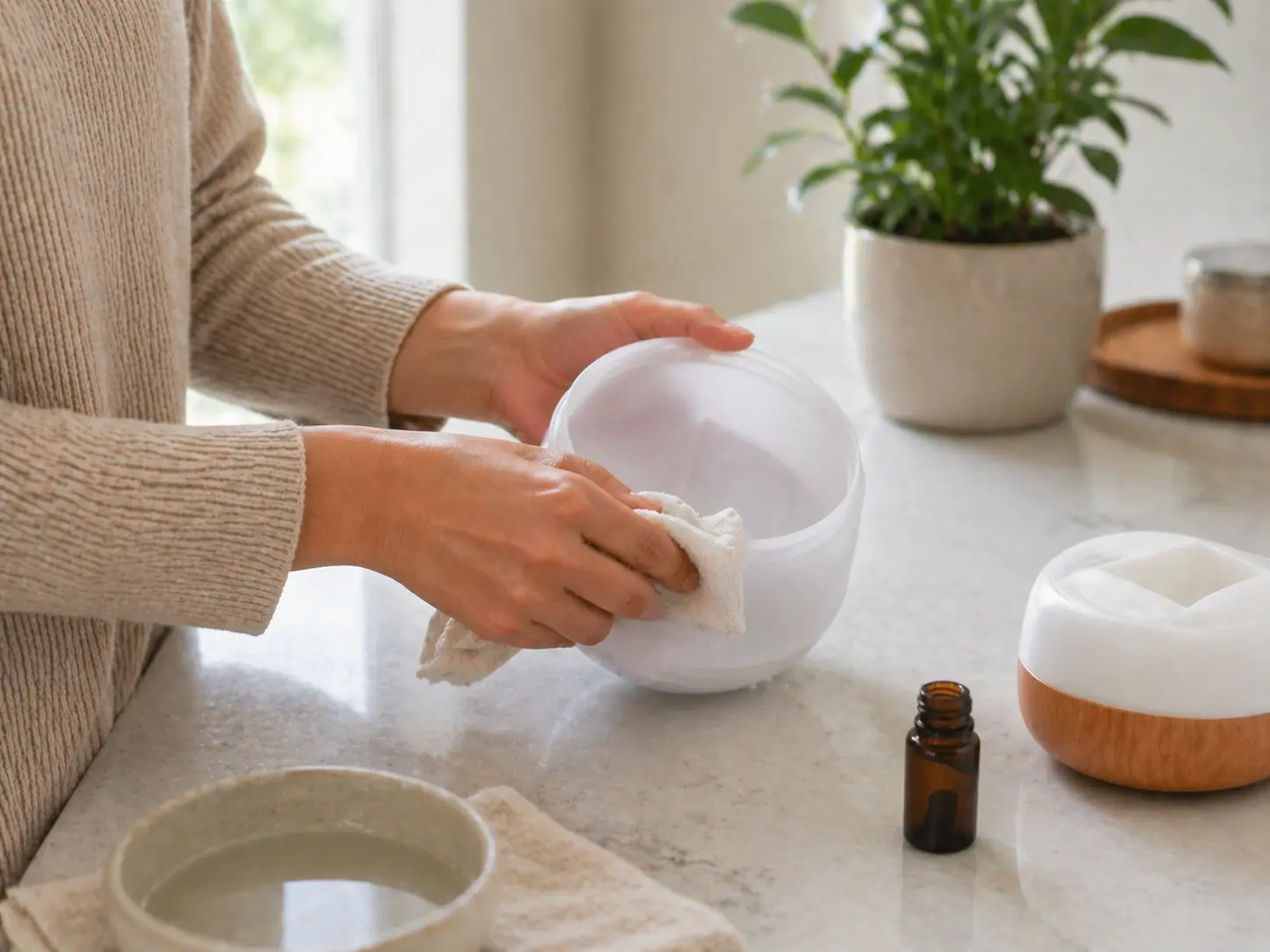 A person rinsing a diffuser reservoir at the sink in soft morning light