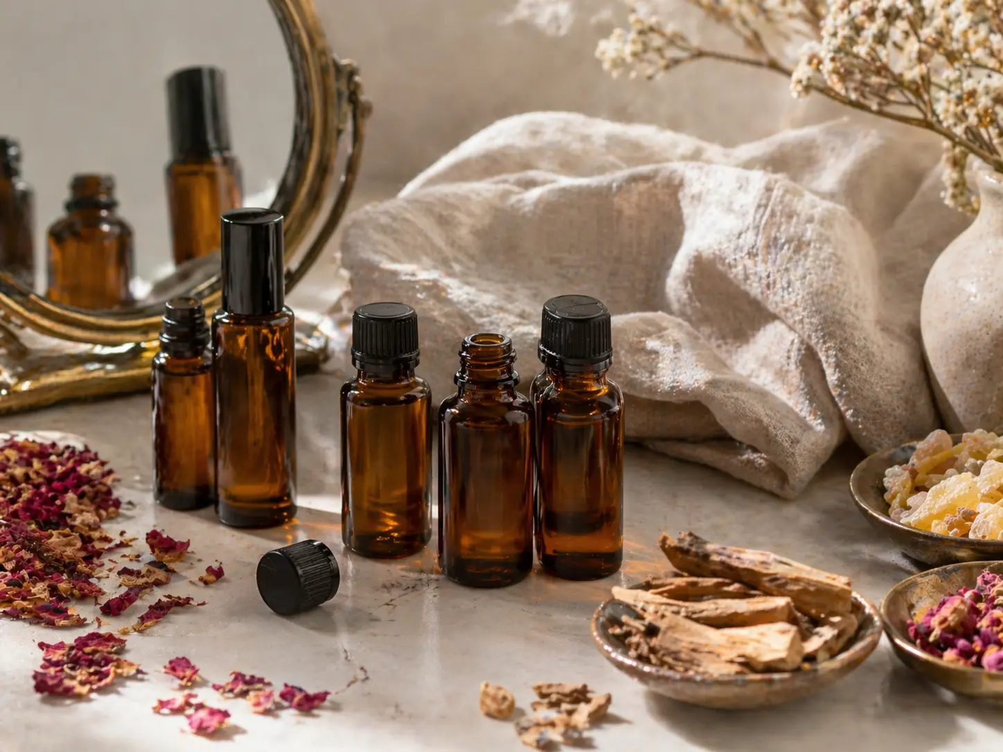 Personal fragrance ritual with amber bottles, linen, mirror, petals, resin, and wood accents
