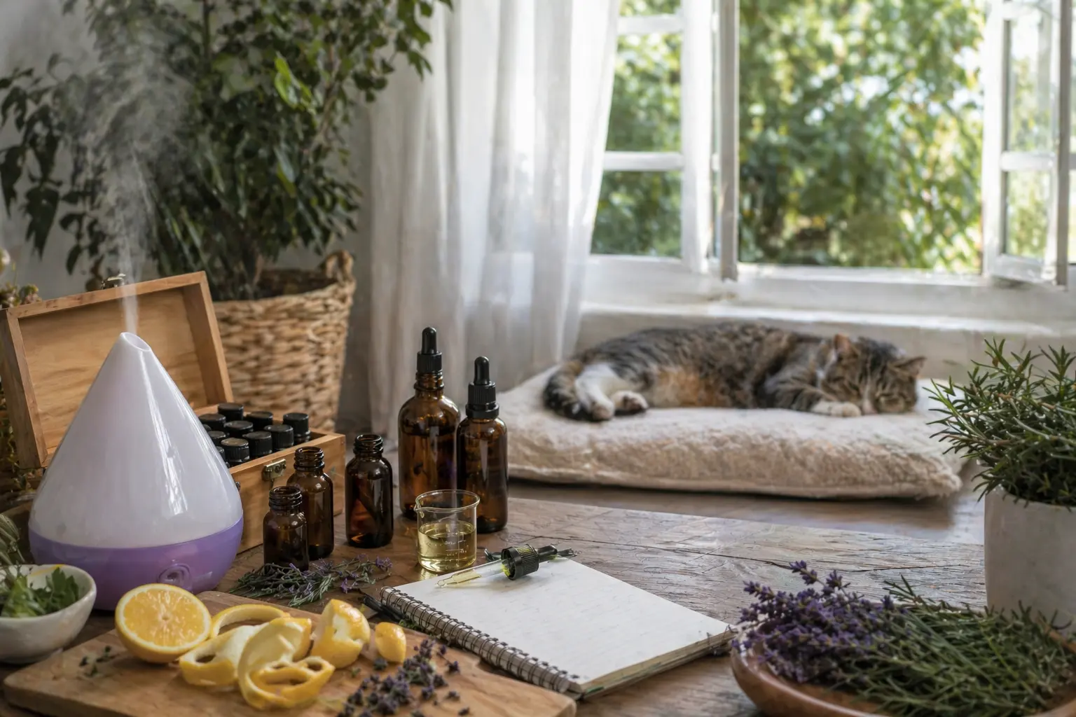 Cat observing a diffuser from a distance in a ventilated room