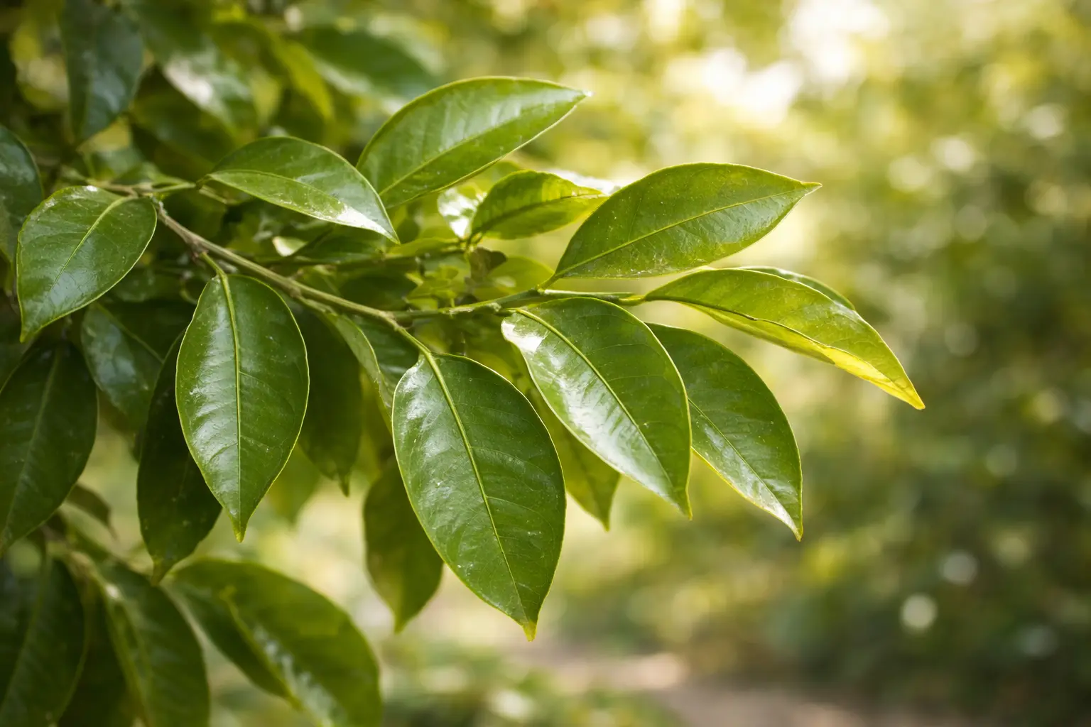 Petitgrain leaves in soft window light evoking green-citrus quietness and refined in-between-hour calm