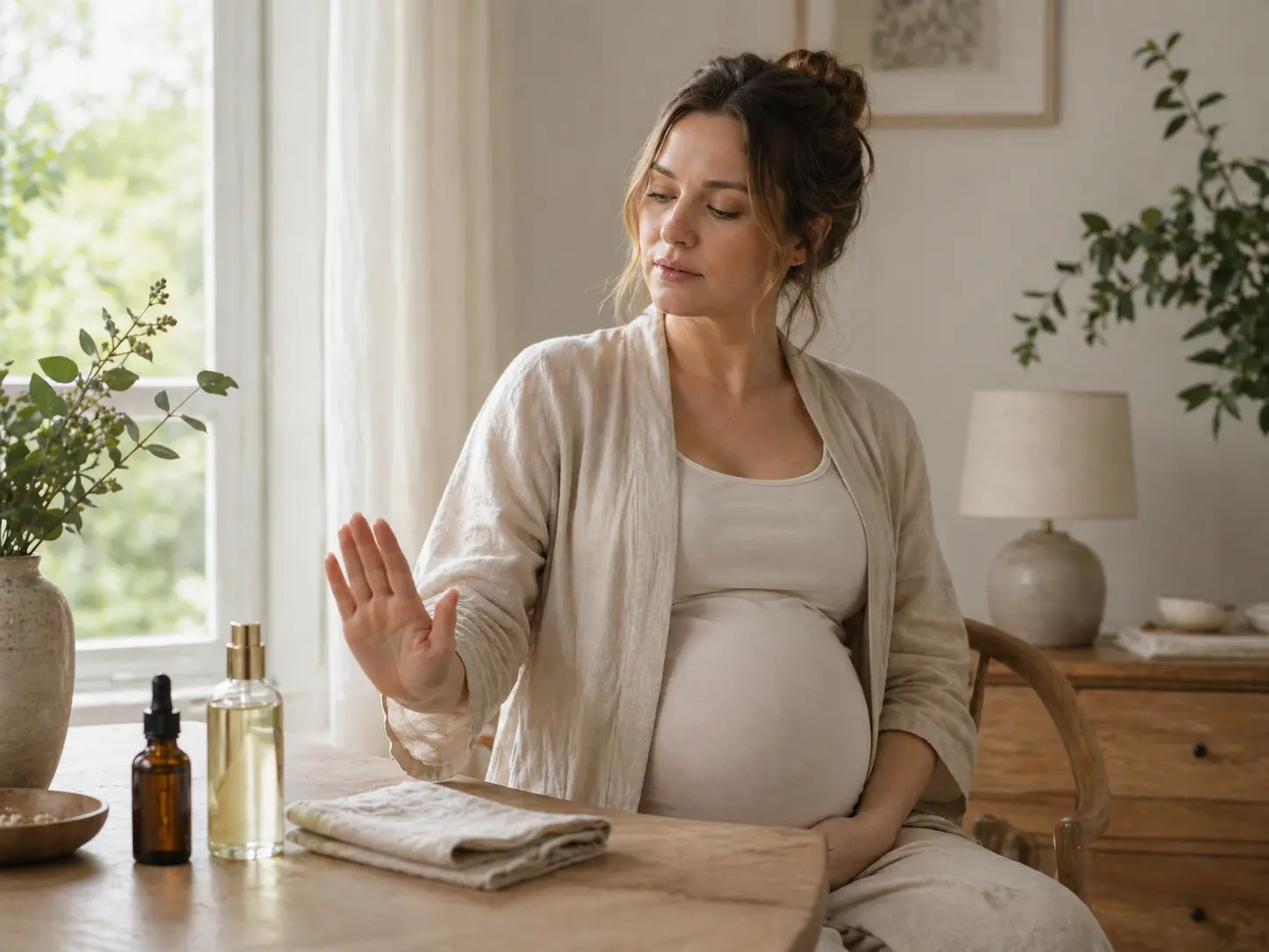 Pregnant woman thoughtfully pausing a stronger scent routine in a calm home setting