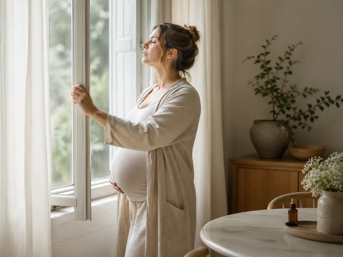 Pregnant woman near a softly lit window with a low-intensity scent routine nearby