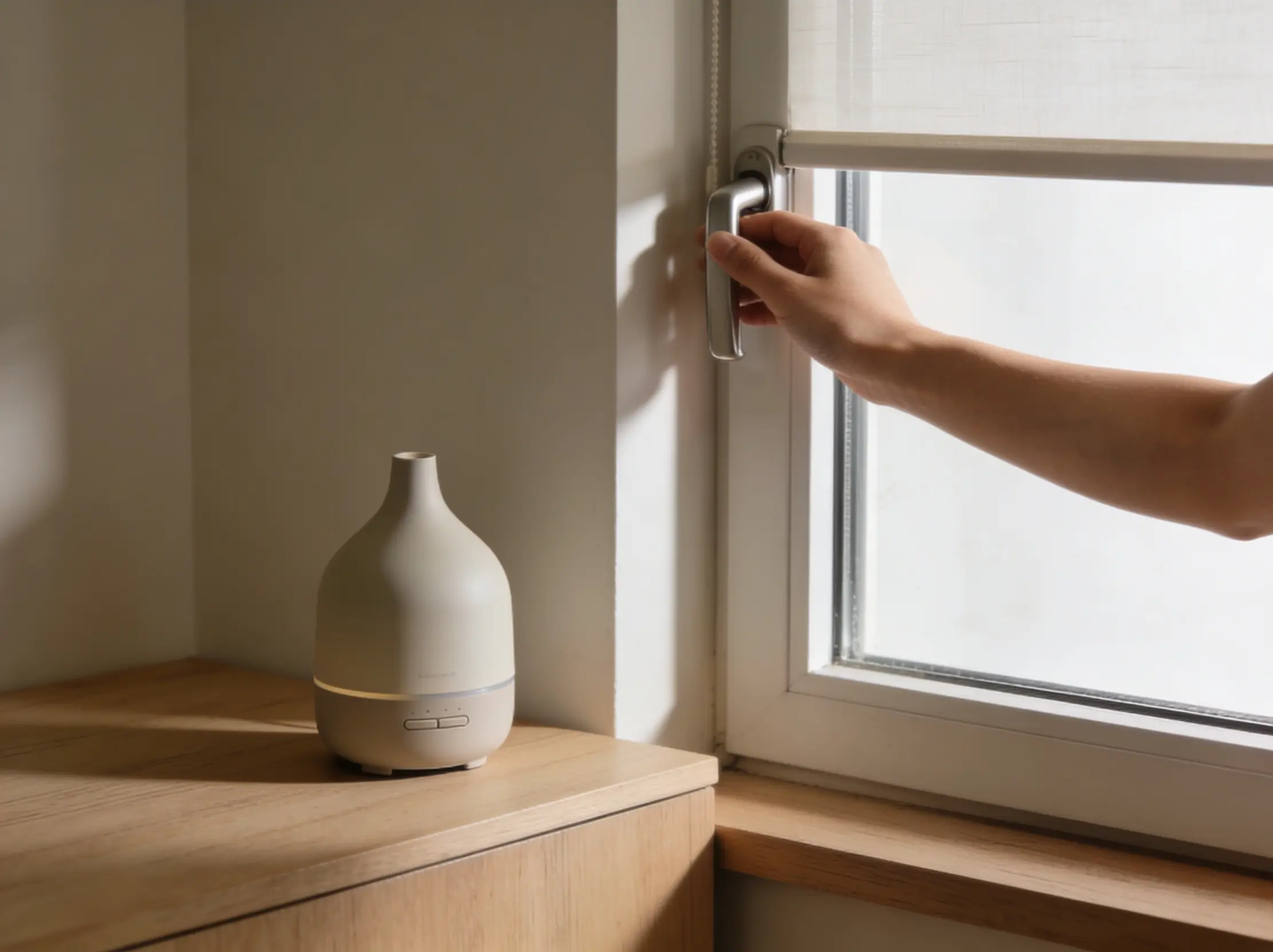 Editorial room reset after a fragrance mistake with open air and a diffuser set aside
