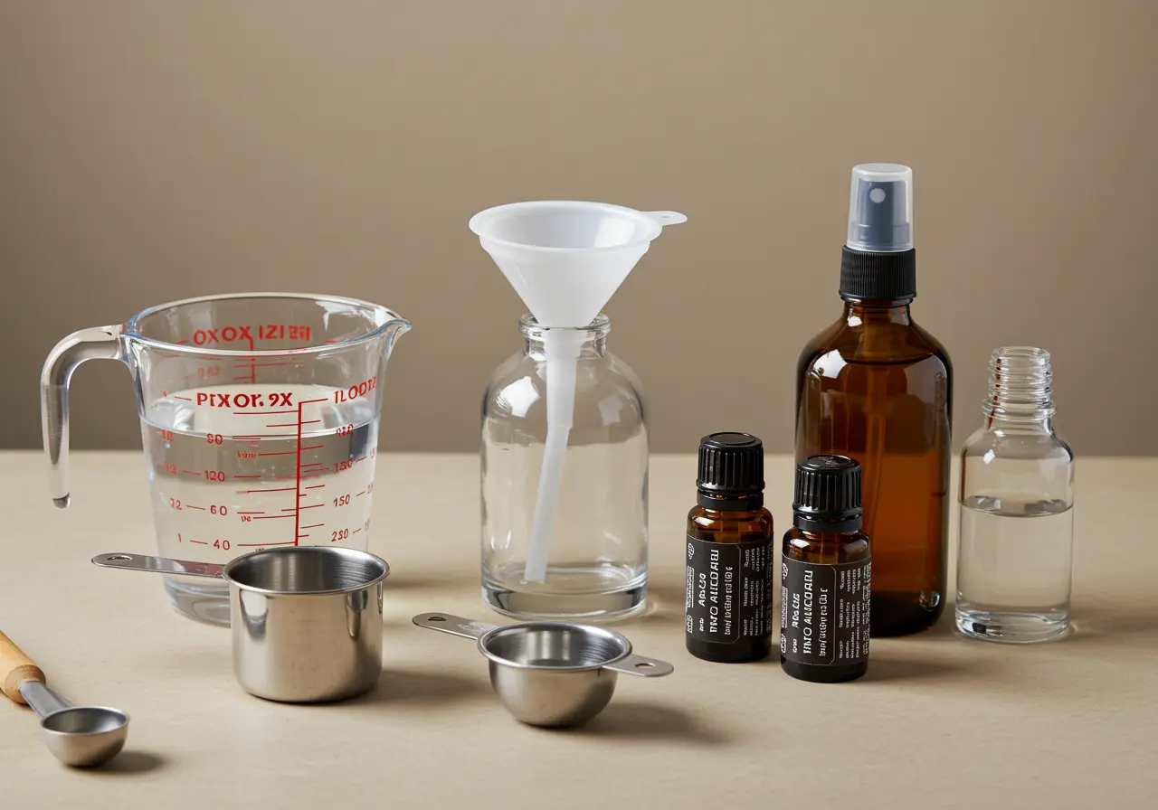Room spray mixing setup with water, measuring tools, and essential oils on a clean surface