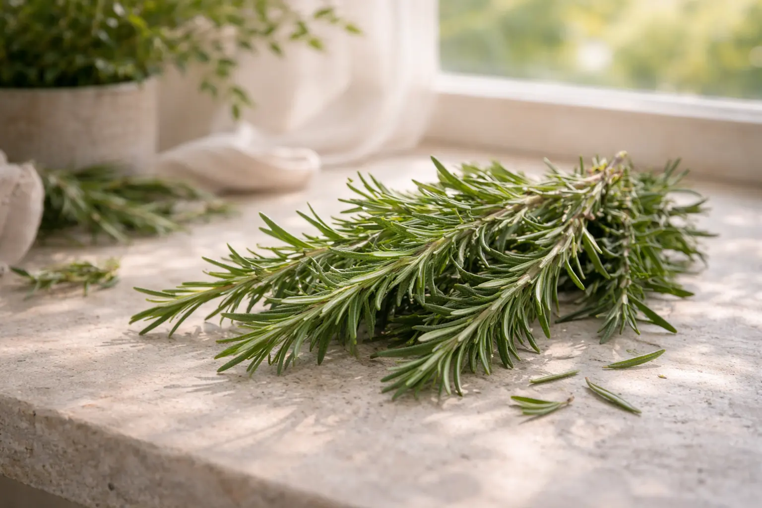 Fresh rosemary sprigs in natural light representing a clear and invigorating room mood