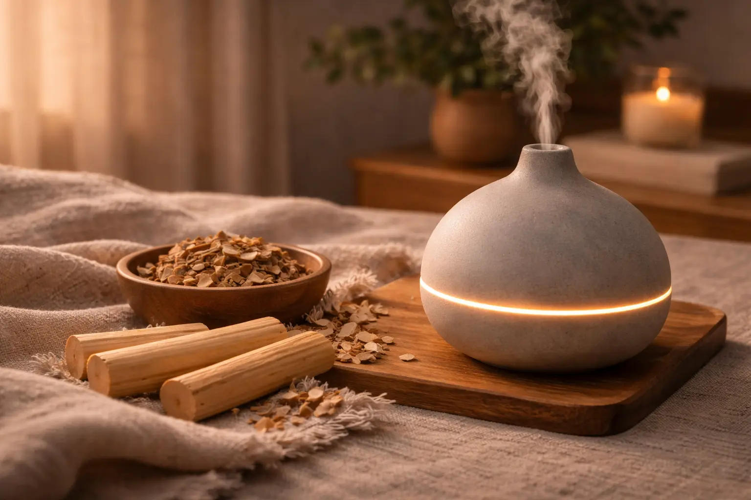 Warm sandalwood diffuser scene in a refined home interior with soft wood and calm evening light