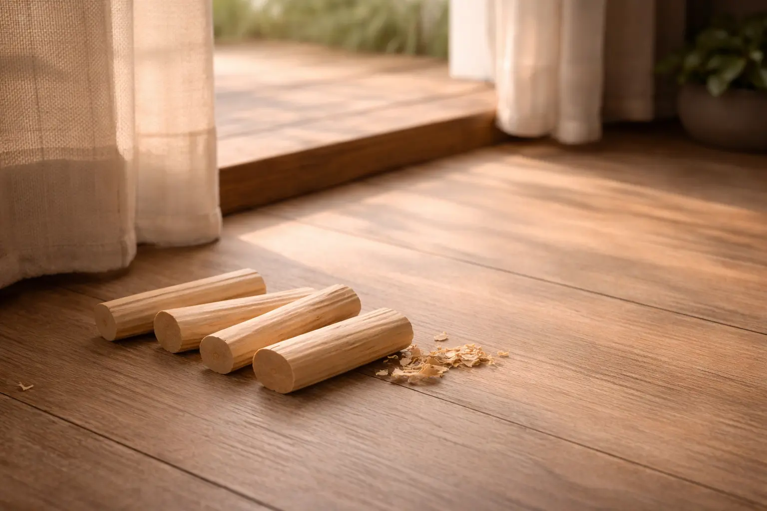 Sandalwood pieces near a quiet wooden threshold symbolizing stillness and devotion