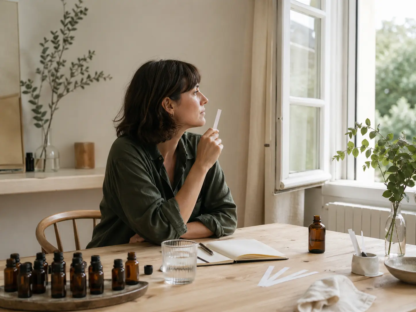 Person pausing at a tidy table with an essential oil bottle set aside during a sensory reset