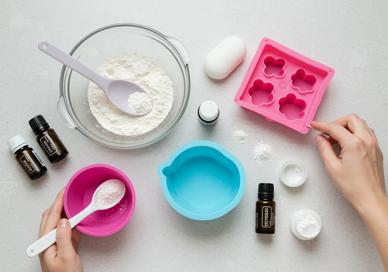 Making shower steamers with a bowl, mold, and essential oils on a clean surface
