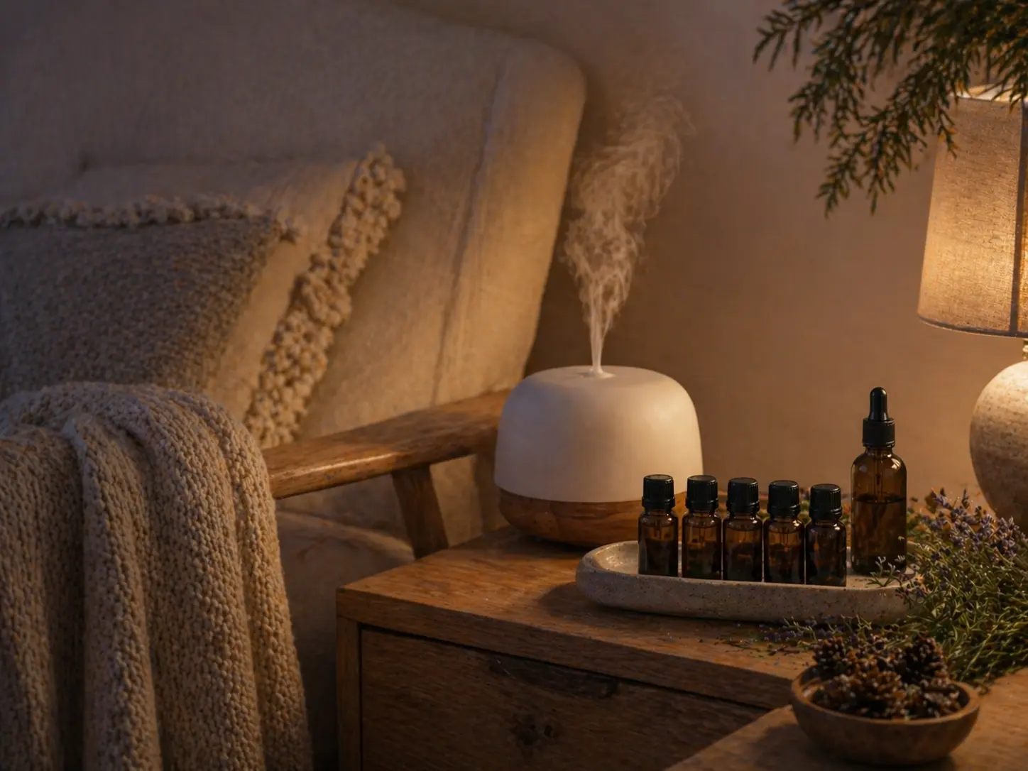 Slow evening routine with a diffuser, blanket, chair, and warm quiet lighting