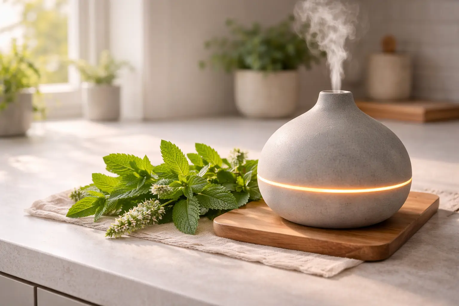 Spearmint diffuser routine in a bright home workspace with fresh calm focus mood