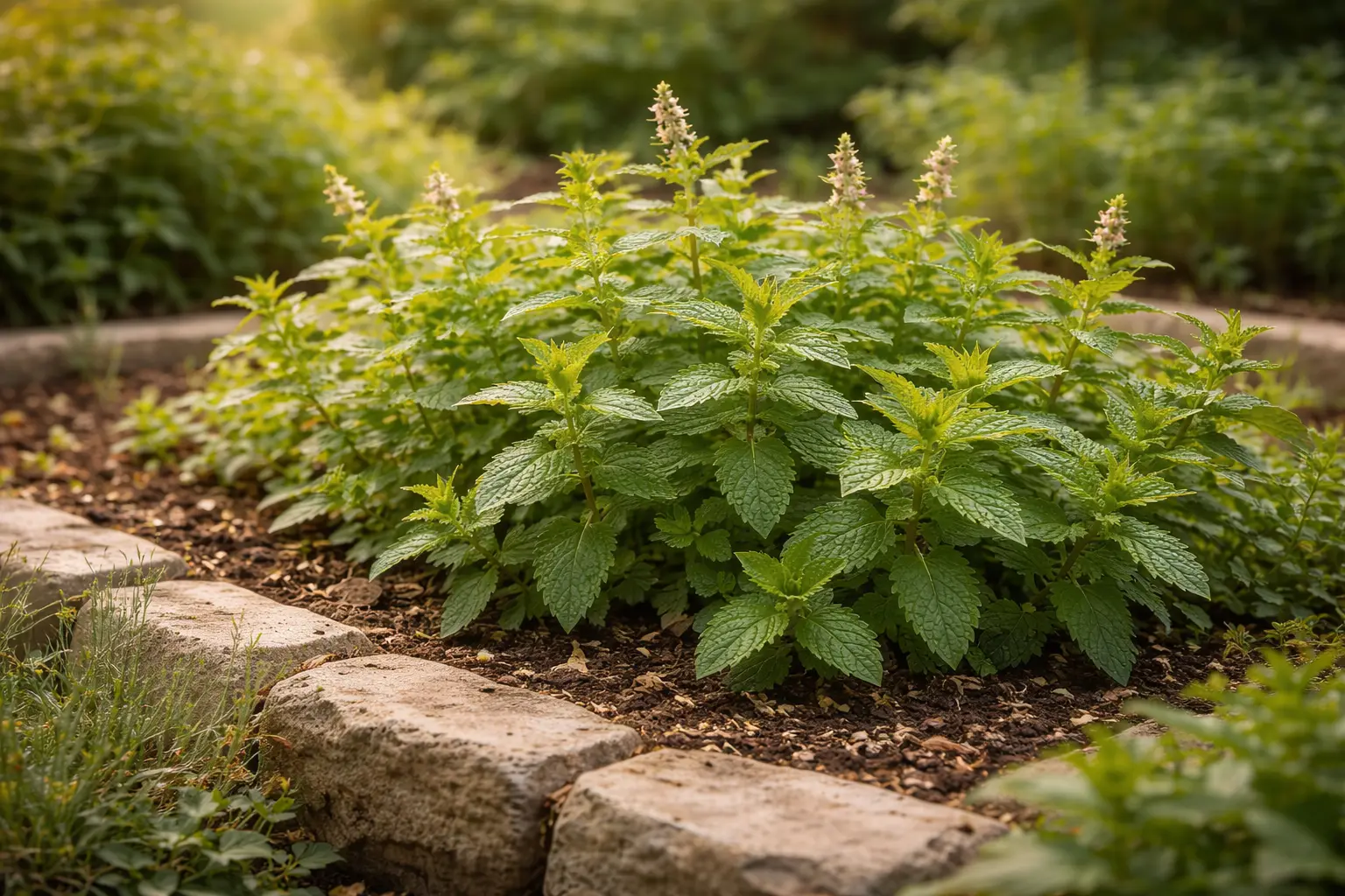 Spearmint plant with green leaves and small flower spikes in a garden