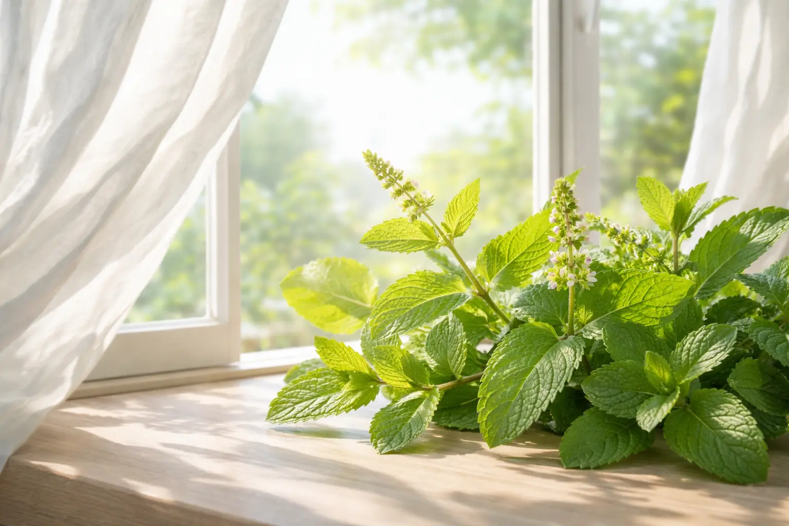 Fresh spearmint leaves beside a small bowl and soft morning light