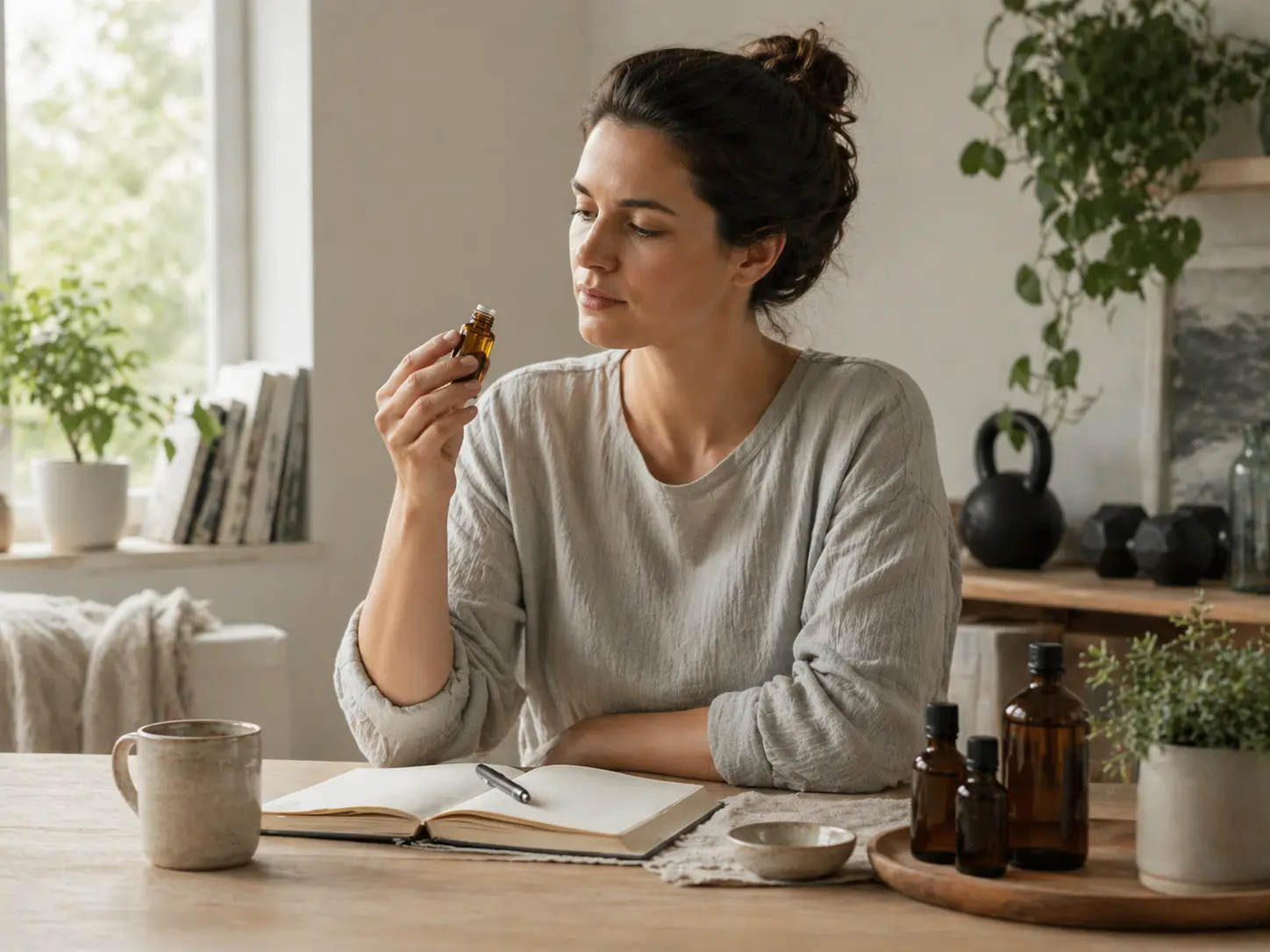 Person seated at a table comparing an essential oil bottle, simple routine notes, and a calmer reset setup