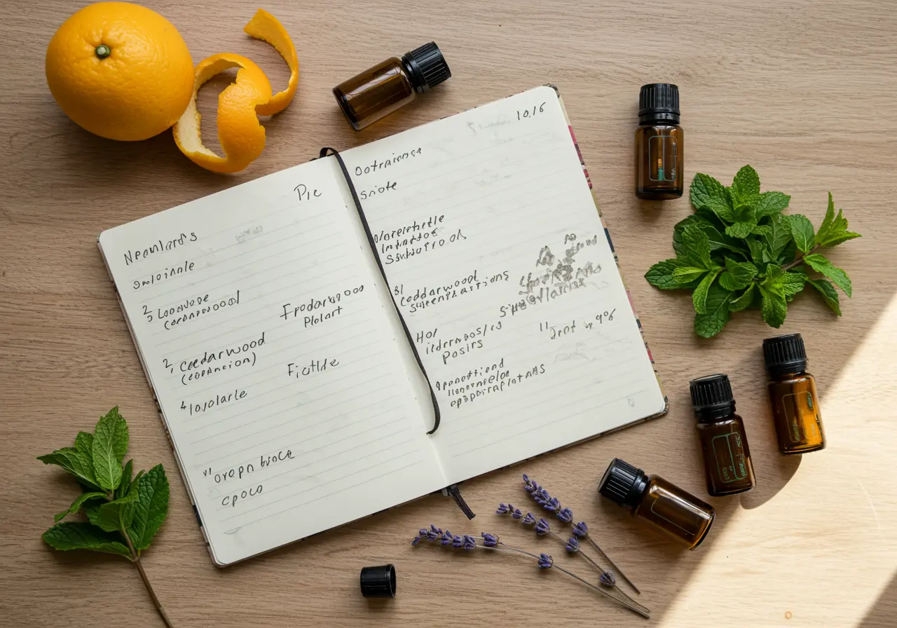 Notebook and grouped citrus, floral, and woody materials used for essential oil substitution planning