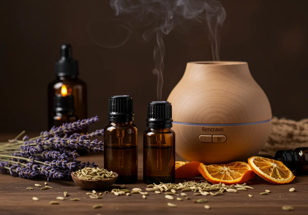 Fennel seeds with orange peel, coriander seeds, lavender, and a white ceramic diffuser