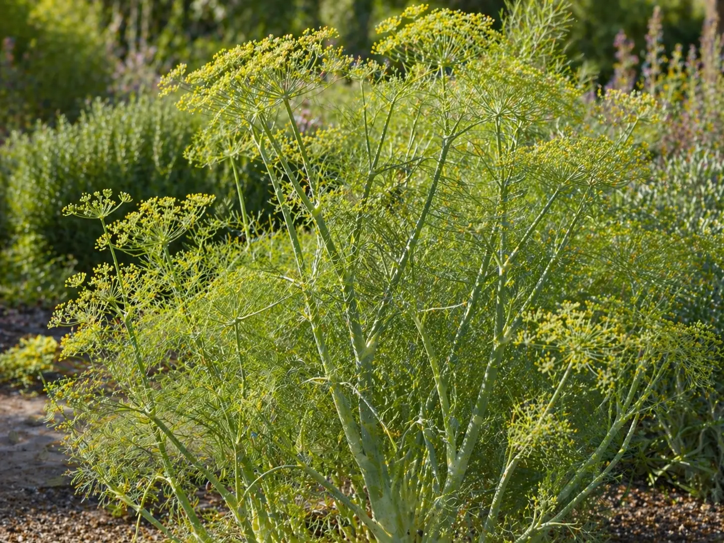 Sweet fennel plant with feathery green fronds, yellow umbels, and fennel seeds
