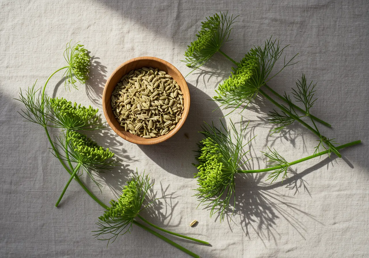 Fennel seeds and feathery fennel fronds in soft golden-green light
