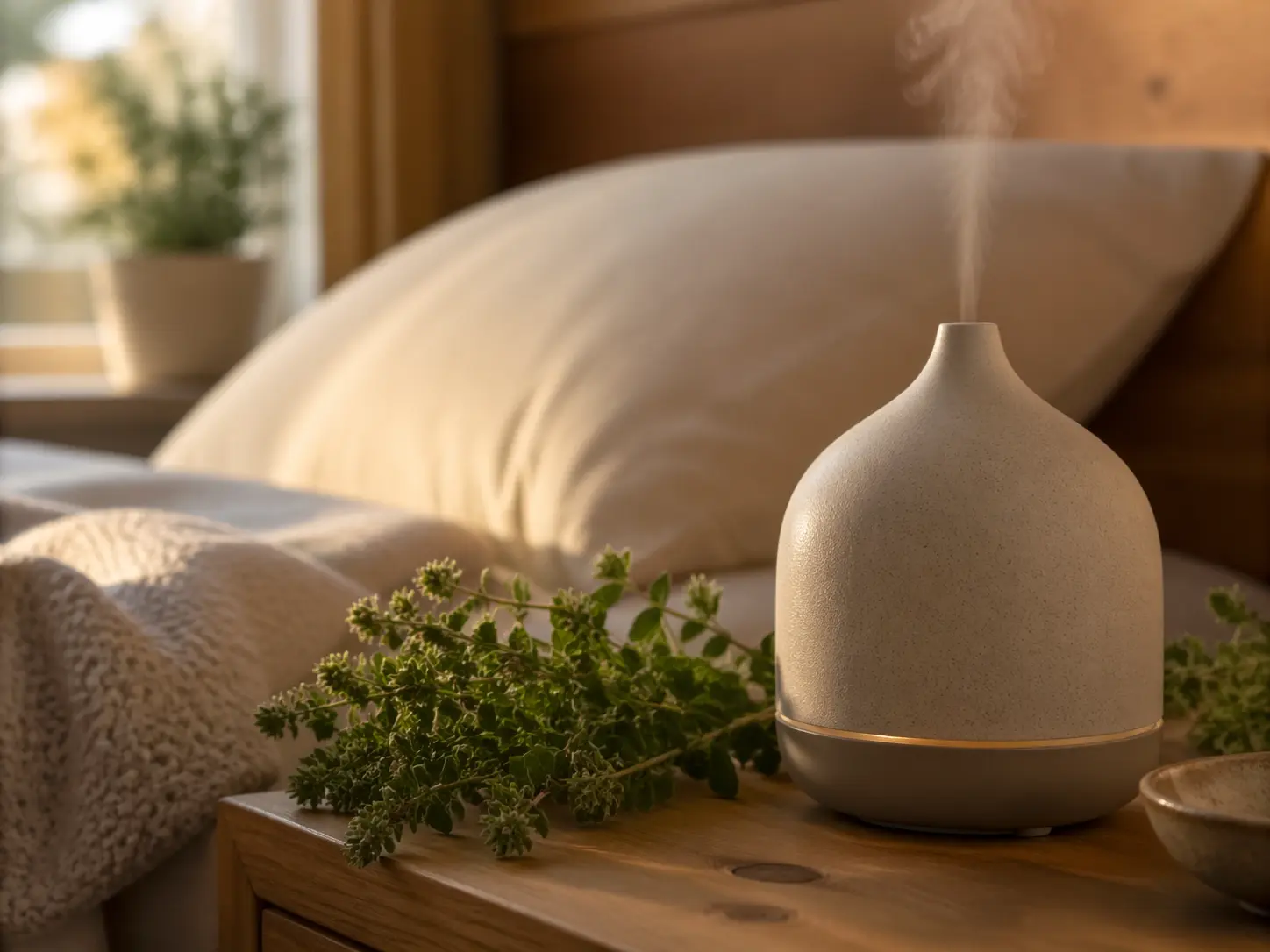 Sweet marjoram sprigs with lavender and citrus peel beside a white ceramic diffuser