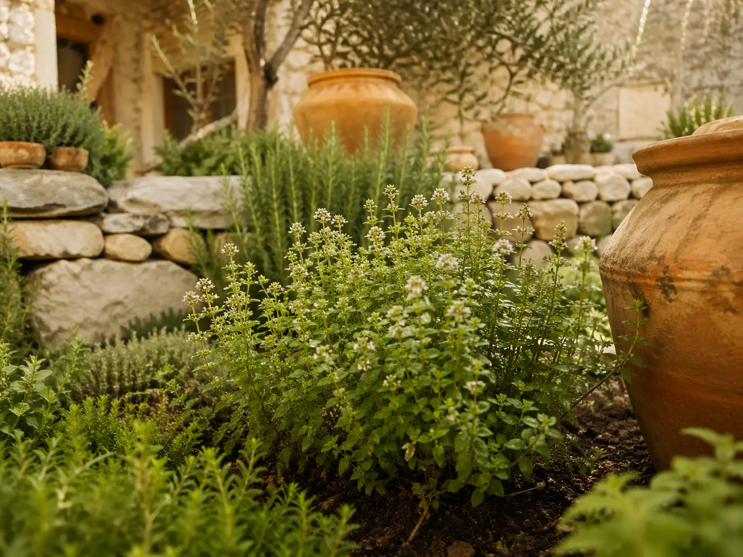 Sweet marjoram plant with soft green leaves and small pale flowers in a herb garden