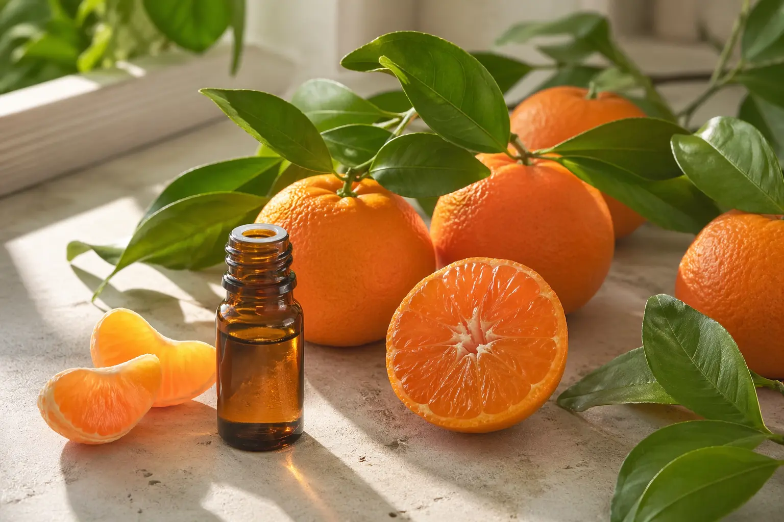 Tangerine trees growing in a sunny citrus orchard with ripe orange fruit among glossy leaves