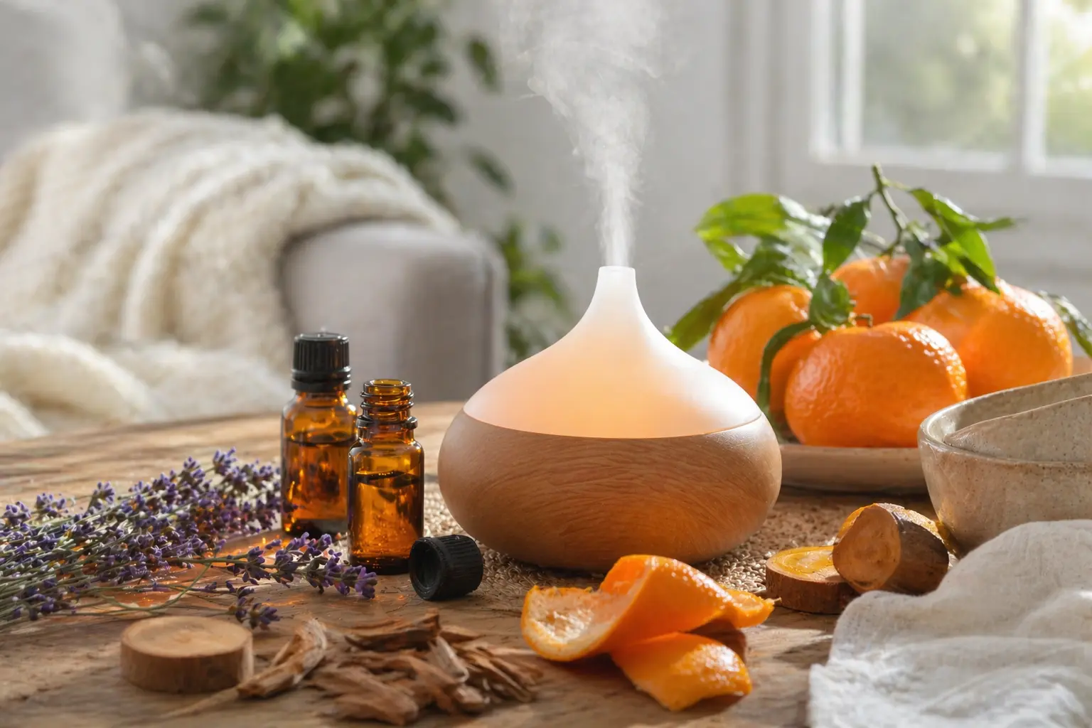 Tangerine diffuser setup with ripe citrus peel, lavender, cedarwood, amber essential oil bottles, and a cozy bright home atmosphere