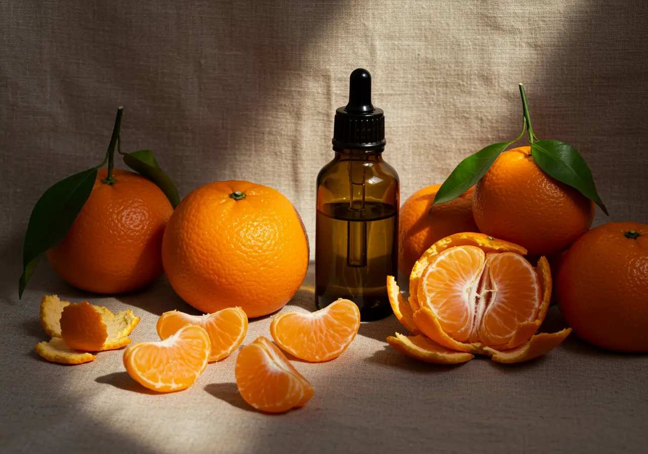 Ripe tangerines, soft linen, warm golden light, and an amber essential oil bottle for a joyful citrus ritual atmosphere