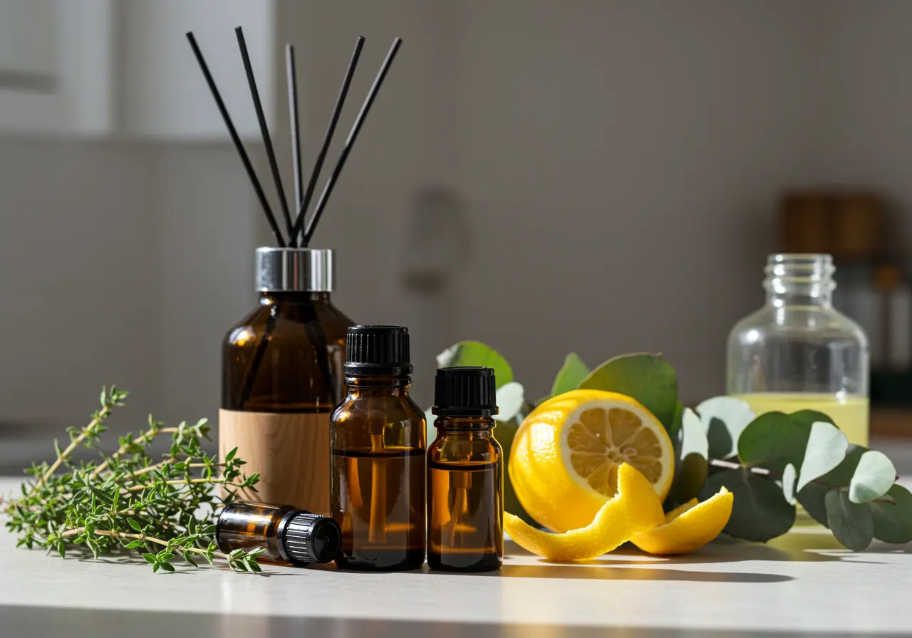 Thyme sprigs with lemon peel, lavender, and a white ceramic diffuser on a natural table