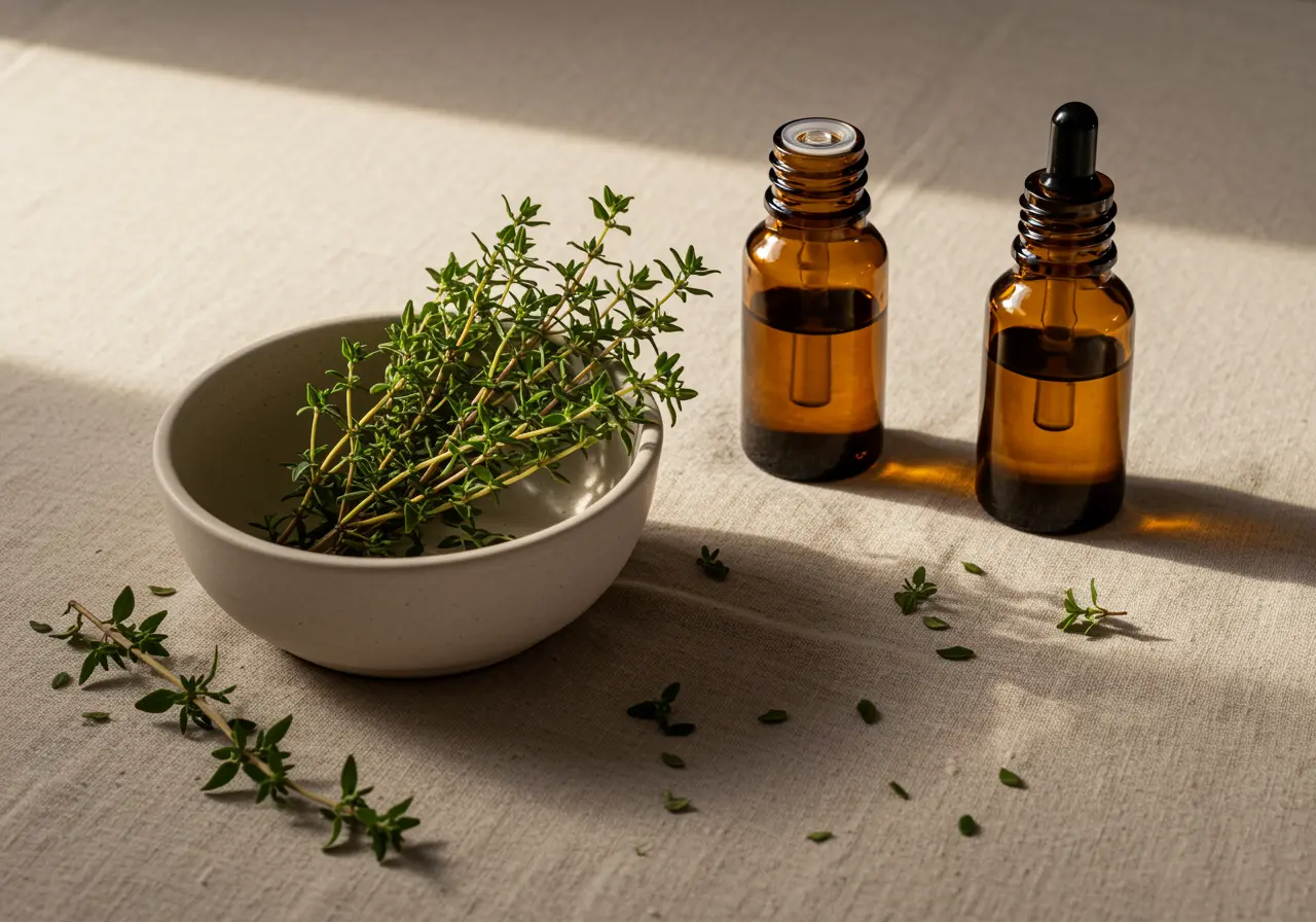 Thyme sprigs in soft morning light with a calm green botanical background